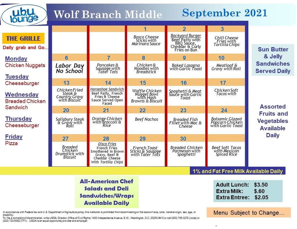 Middle School September 2021 Menu