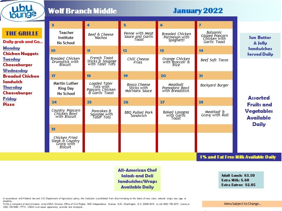 Wolf Branch Middle School - January, 2022 Menu