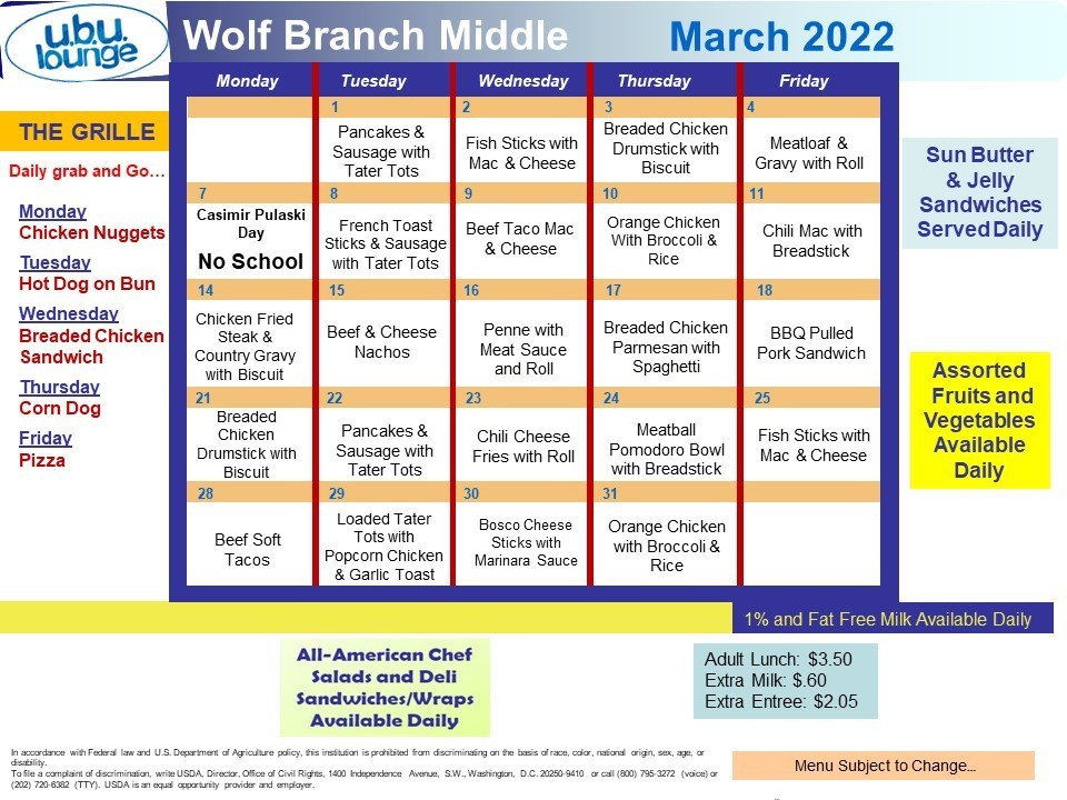 Wolf Branch Middle - MARCH, 2022 Lunch Menu