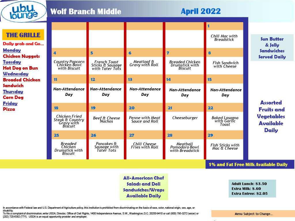 April, 2022 Middle School Lunch Menu
