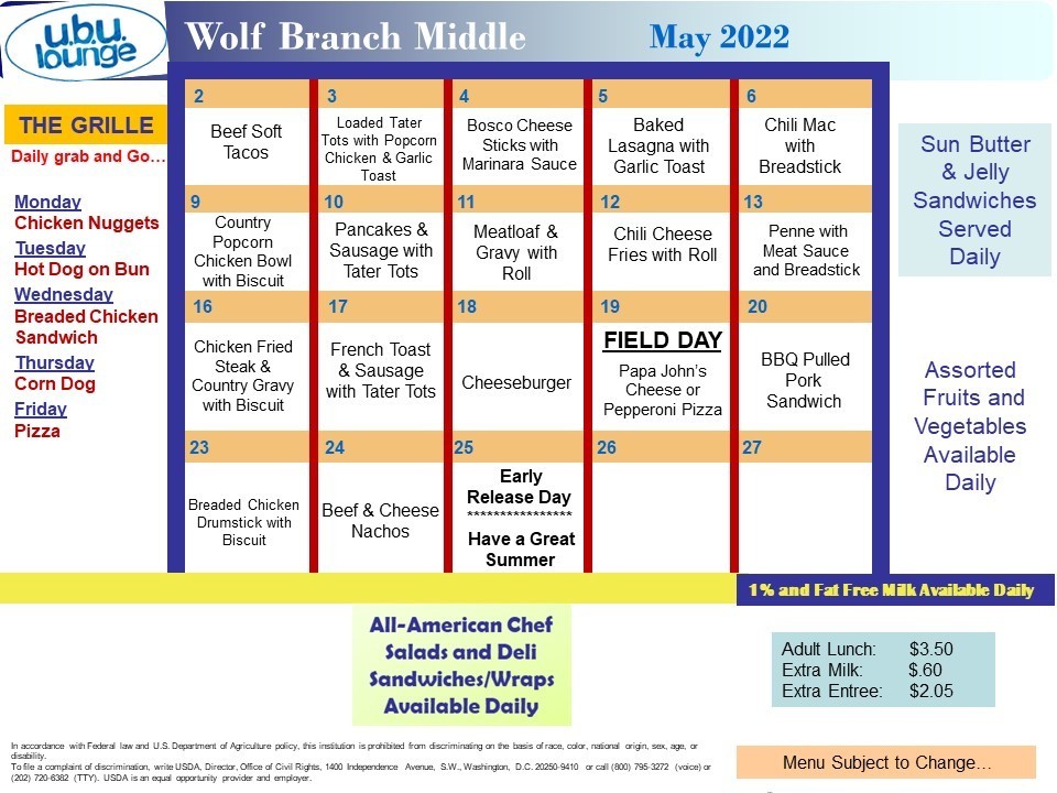 May, 2022 Lunch menu