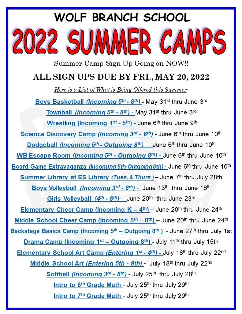 2022 Wolf Branch Summer Camps