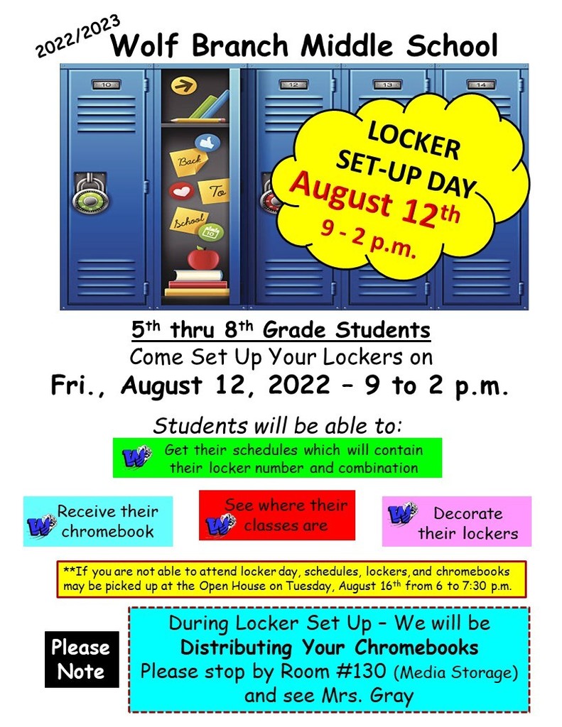2022/2023 Middle School Locker Set Up Day