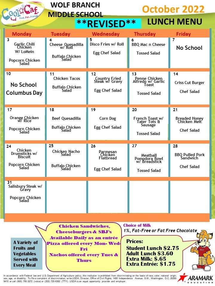 REVISED - October, 2022 Middle School Lunch Menu