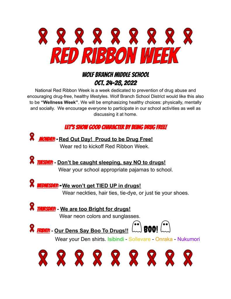 Wolf Branch  MIDDLE School Red Ribbon Week - October 24 - 28, 2022